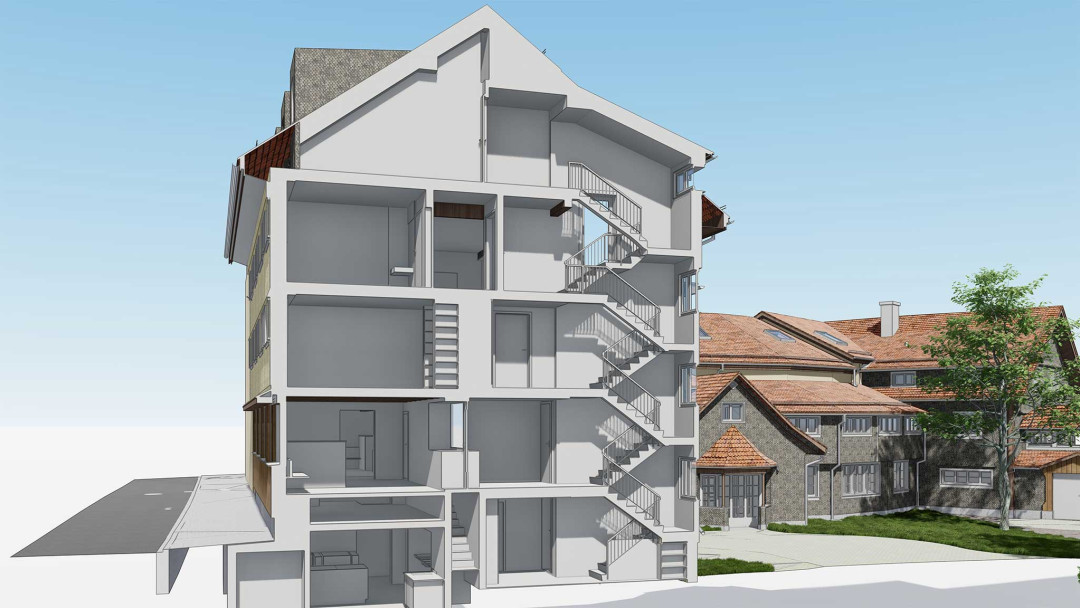 Unterägeri ZG. Bosshard Schule 3D-Querschnitt. ING PLUS