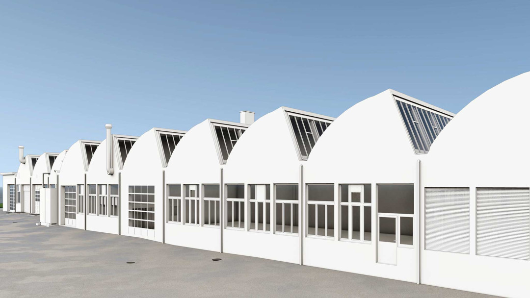 3D-Modell Gewerbebau Shedhalle Binelli Automobile. Gebäudeaufnahme ING PLUS