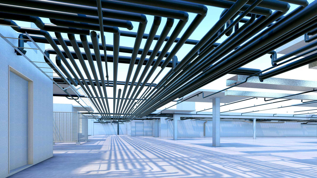 Adliswil. Erweiterung Tiefgarage. 3D-Modell mit Leitungen. ING PLUS