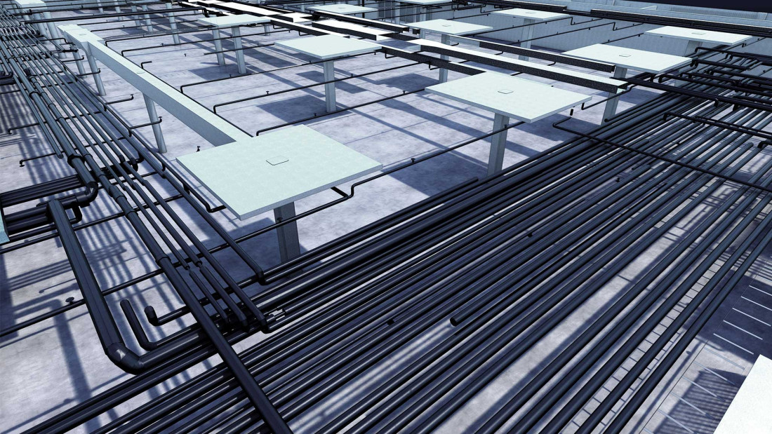 Fotos Adliswil. Erweiterung Tiefgarage. 3D-Modellierung mit Leitungen. ING PLUS