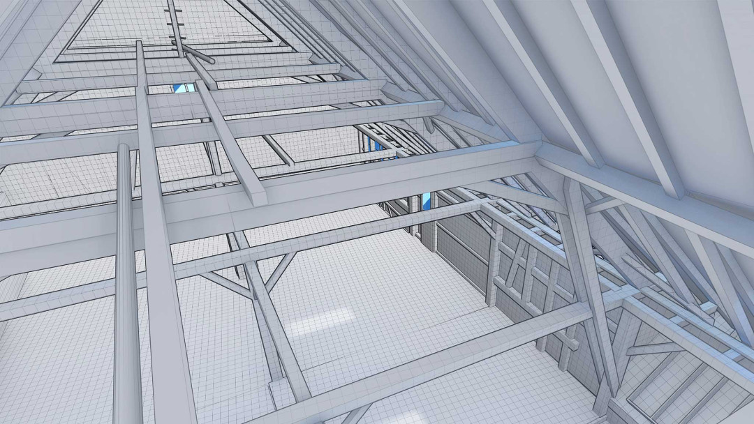 Arealentwicklung Widacher. Gebäudeaufnahme 3D-Dachkonstruktion. ING PLUS