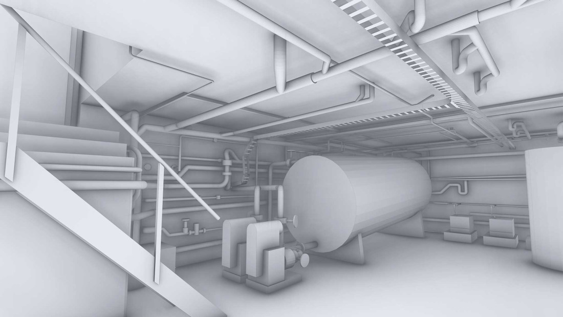 Fotos Umbau Heizraum. 3D-Modell. ING PLUS