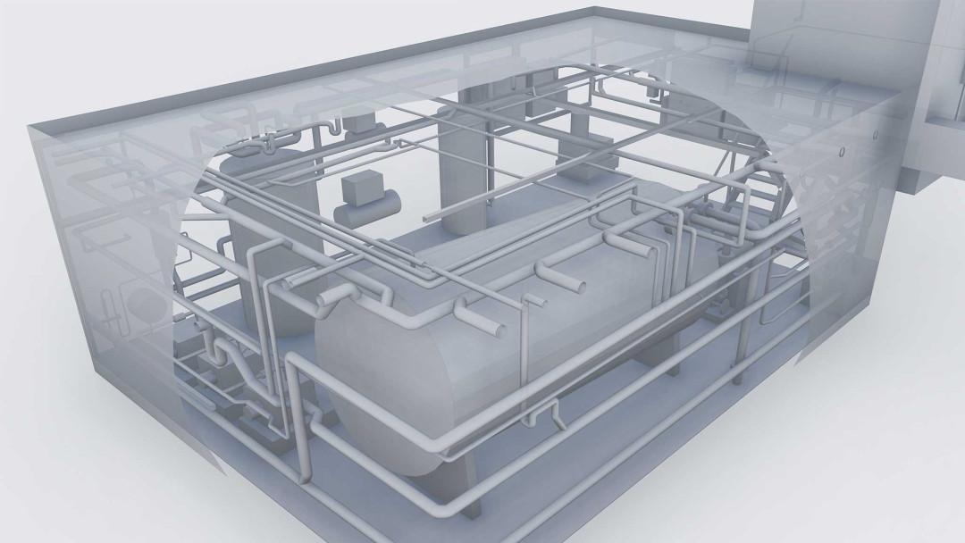 Umbau Heizraum. 3D-Modell mit Leitungen. ING PLUS
