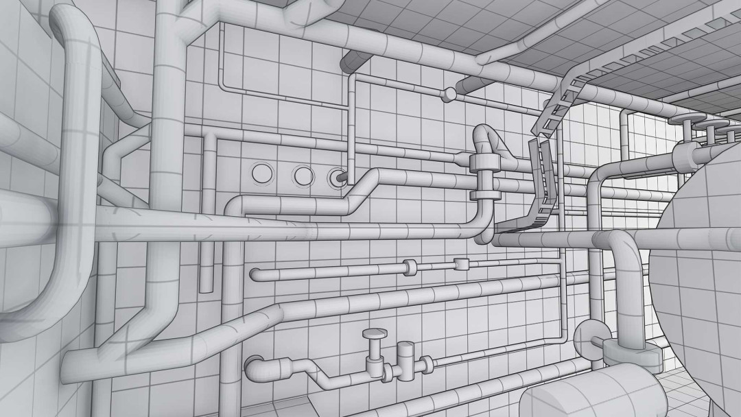 Umbau Heizraum. 3D-Modellierung mit Leitungen. ING PLUS