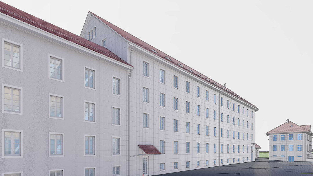 Kollbrunn. Umbau Kraftwerk, Spinnerei und Villa. 3D-Modell Gebäudeaufnahme. ING PLUS