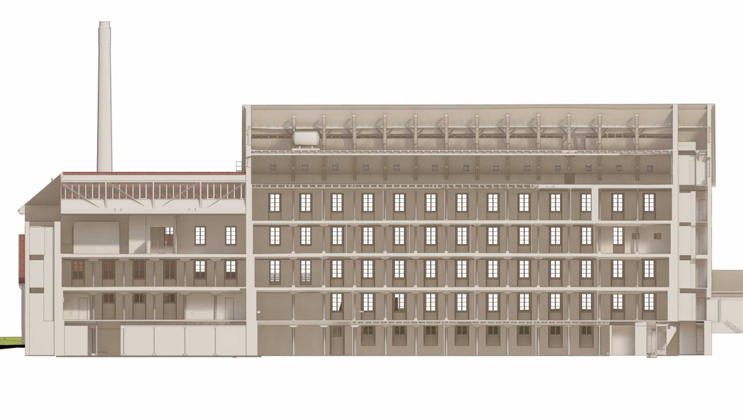 Kollbrunn. Umbau Kraftwerk, Spinnerei und Villa. 3D-Modell. Längsschnitt. ING PLUS