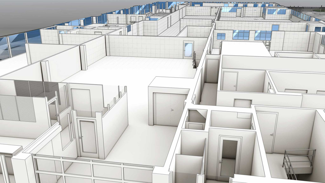 3D-Grundriss vom Gewerbebau Binelli Automobile. Gebäudeaufnahme. ING PLUS