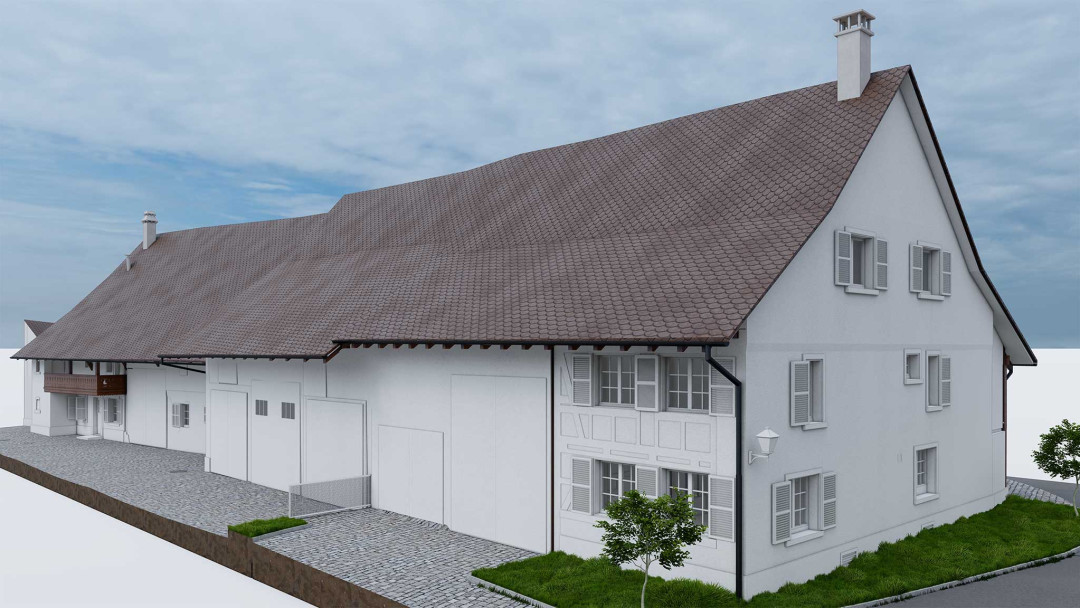 3D-Modell. MFH mit Scheune. Andelfingen in Zürich. ING PLUS