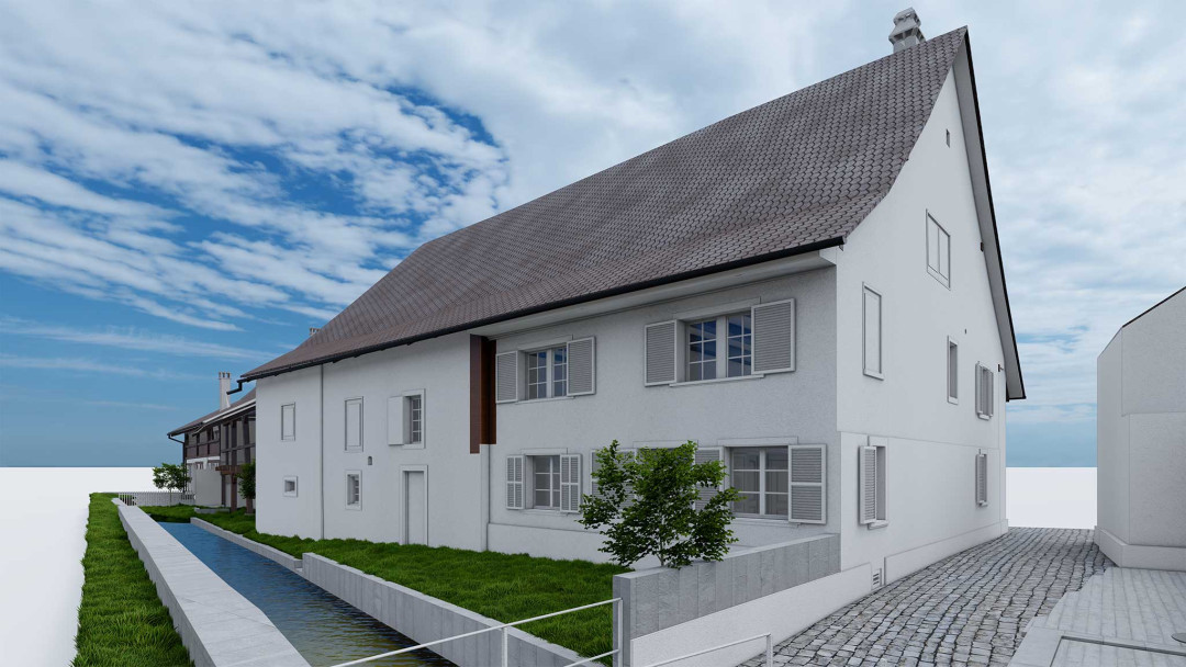 3D-Modell. MFH mit Scheune. Zürich bei Andelfingen. ING PLUS