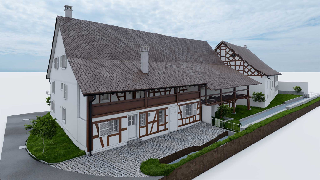 3D-Modell. MFH mit Scheune. Zürich. ING PLUS