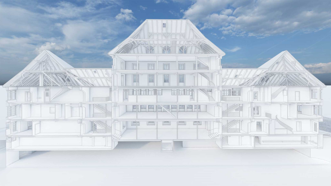 Frauenfeld. Gebäudeaufnahme Walzmühlehaus. 3D-Längsschnitt. ING PLUS