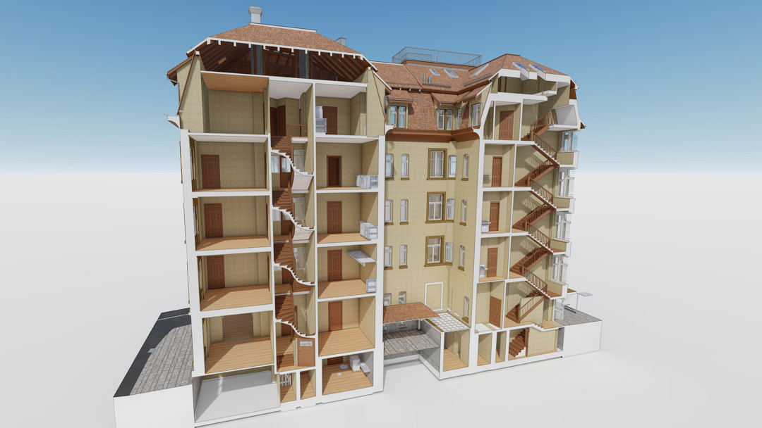 Winterthur. Gebäudeaufnahme 3D-Schnitt Wohn- und Geschäftshaus. ING PLUS
