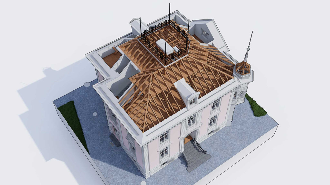 Frauenfeld. Villa Sonnenberg. Gebäudeaufnahme. 3D-Dachstock. ING PLUS