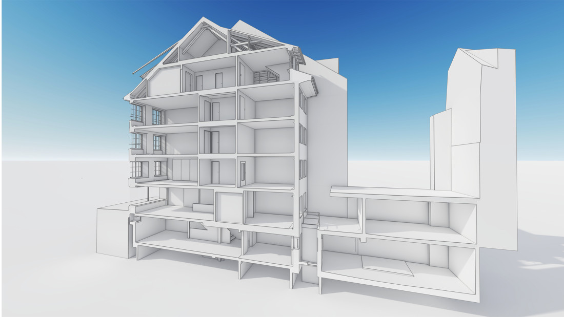 Fotos Winterthur. Wohn- und Geschäftshaus 3D-Schnitt aus Gebäudeaufmass. ING PLUS