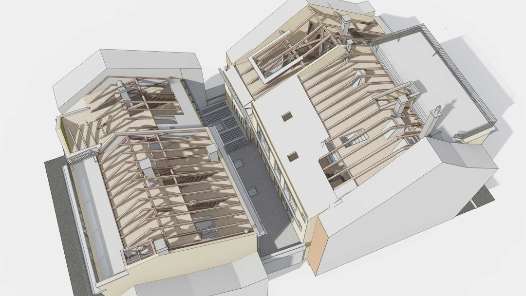 Winterthur. Umbau von 4 Stadthäuser. 3D-Dachstock. ING PLUS