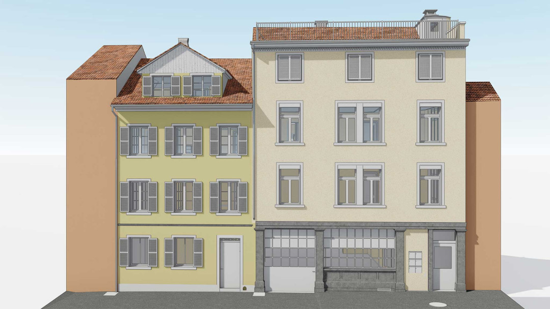 Winterthur. Umbau von 4 Stadthäuser. 3D-Fassade. ING PLUS