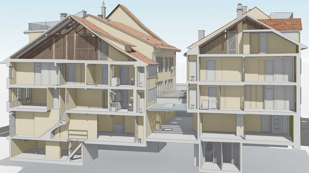 Winterthur. Umbau von 4 Stadthäuser. 3D-Gebäudeschnitt. ING PLUS