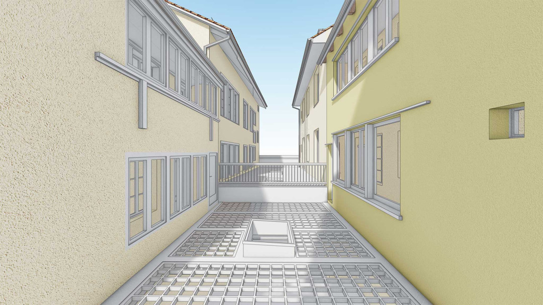 Winterthur. Umbau von 4 Stadthäuser. 3D-Hof. ING PLUS