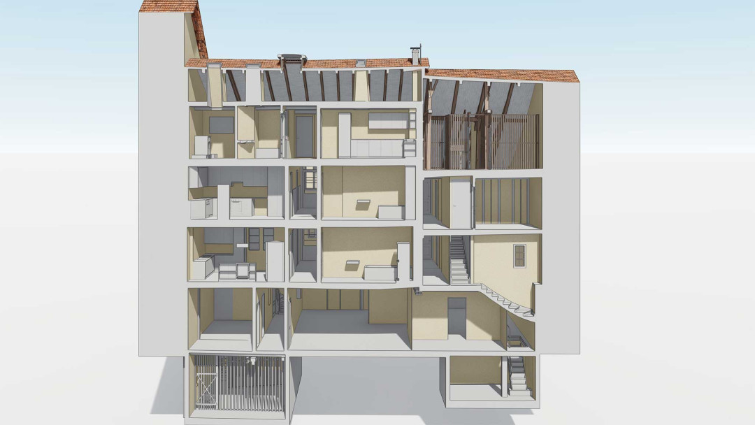 Winterthur. Umbau von 4 Stadthäuser. 3D-Längsschnitt. ING PLUS