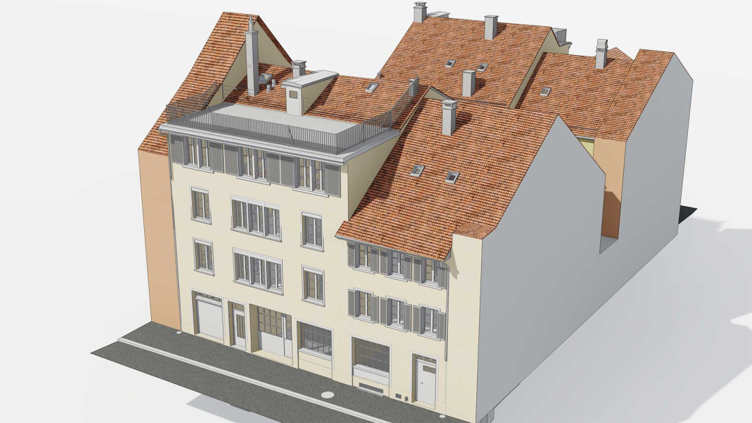 Winterthur. Umbau von 4 Stadthäuser. 3D-Modell. ING PLUS