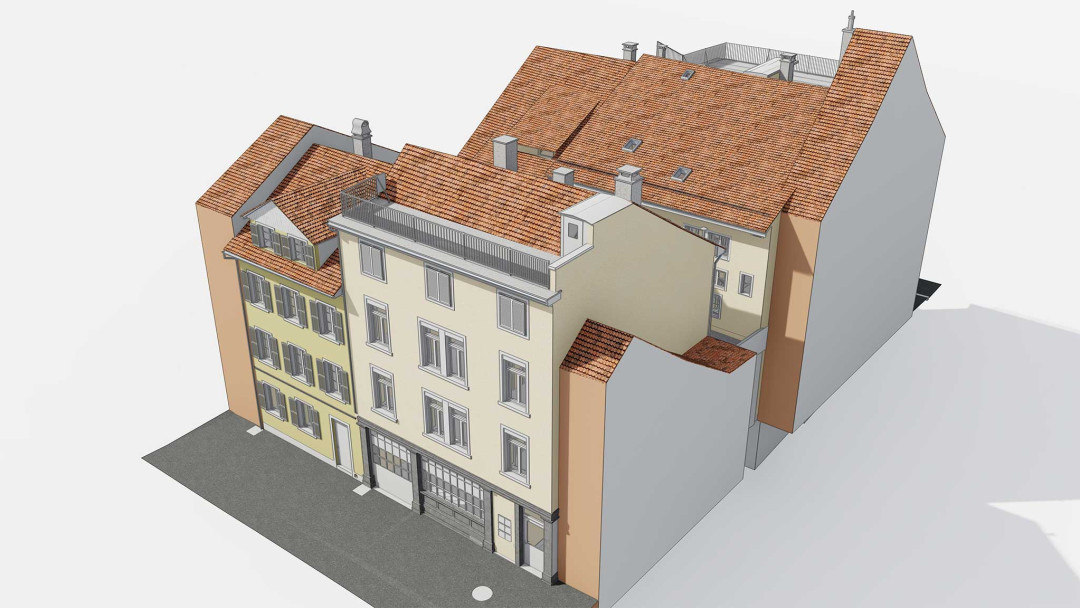 Winterthur. Umbau von 4 Stadthäuser. 3D-Modellierung. ING PLUS