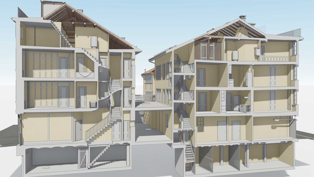 Fotos Winterthur. Umbau von 4 Stadthäuser. 3D-Querschnitt. ING PLUS