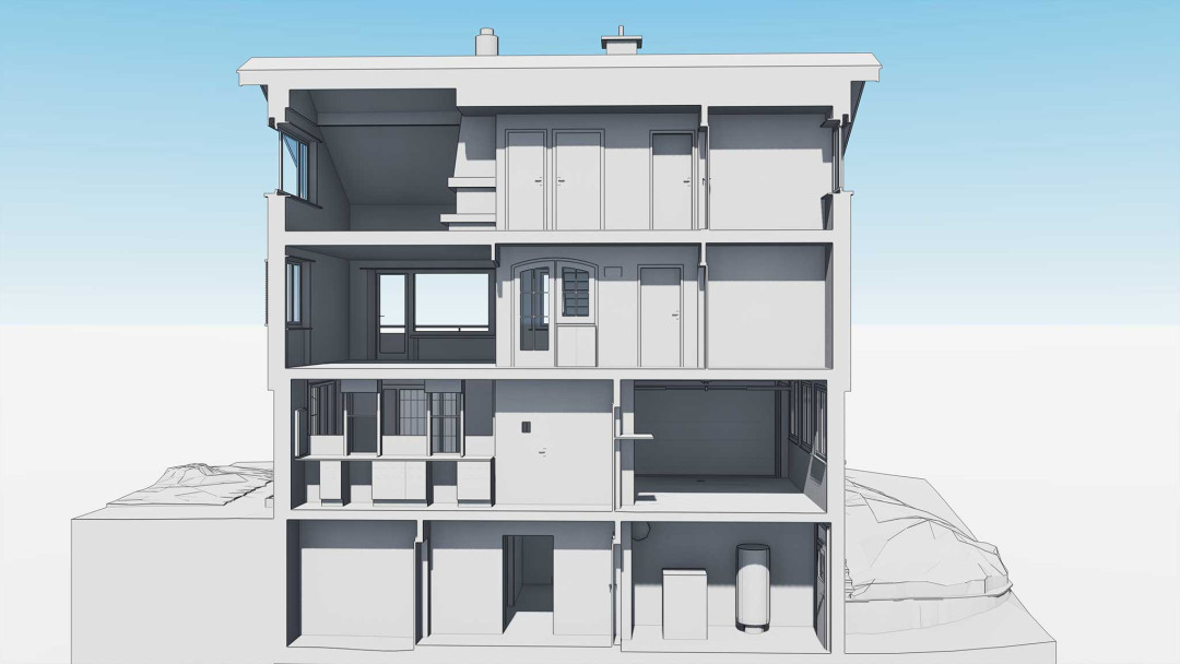 Umbau Altes Postgebäude, Dinhard ZH, 3D-Längsschnitt, ING PLUS