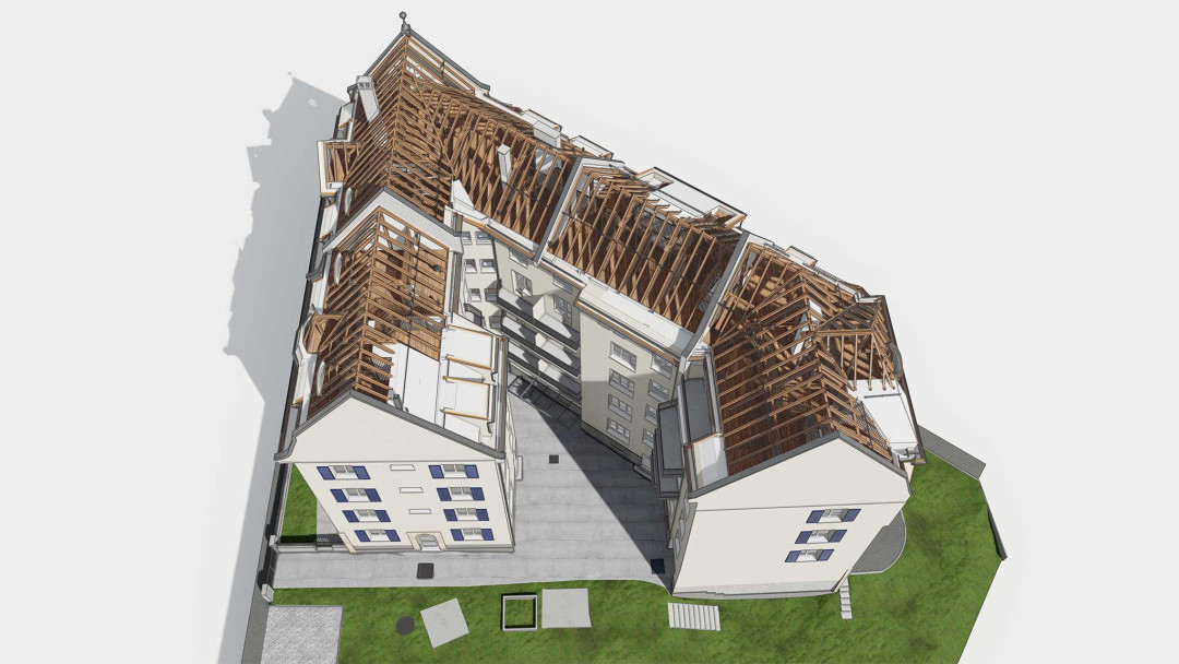 St. Gallen. Umbau eines Mehrfamilienhauses. 3D-Dachstock aus Gebäudevermessung. ING PLUS