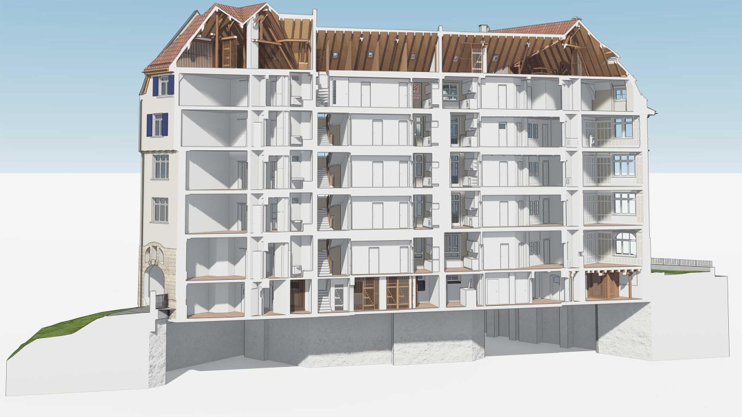 St. Gallen. Umbau eines Mehrfamilienhauses. 3D-Querschnitt aus Gebäudevermessung. ING PLUS