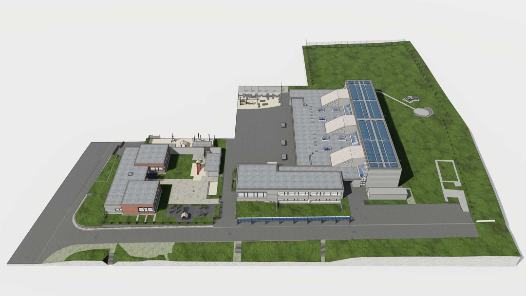 Gebäudeaufnahme Schulanlage Gschwader in Uster. 3D-Umgebung. ING PLUS